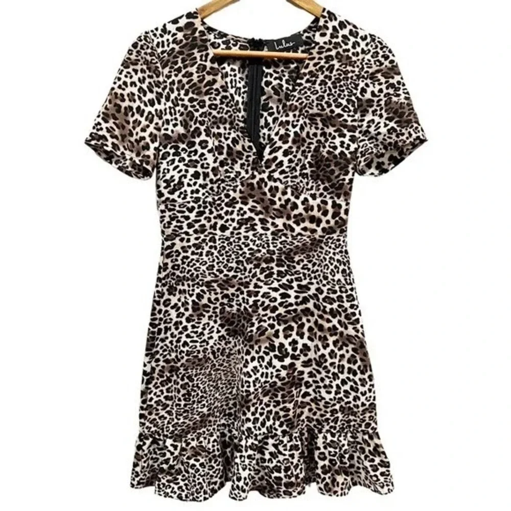 Lulus Leopard Print Ruffle Hem Mini Dress‎ S Short Sleeve Party Date Night